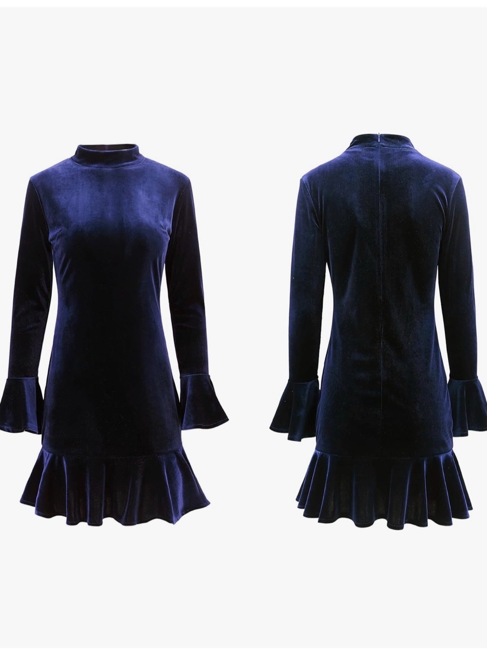Navy Velvet Long-Sleeve Mini Dress with Ruffle Hem - Picture 2 of 2